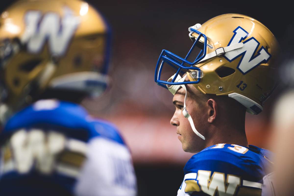 Dan LeFevour (13) of the Winnipeg Blue Bombers during the game against the BC Lions at BC Place Stadium in Vancouver, BC., on Friday, July 21, 2017. (Photo: Johany Jutras).