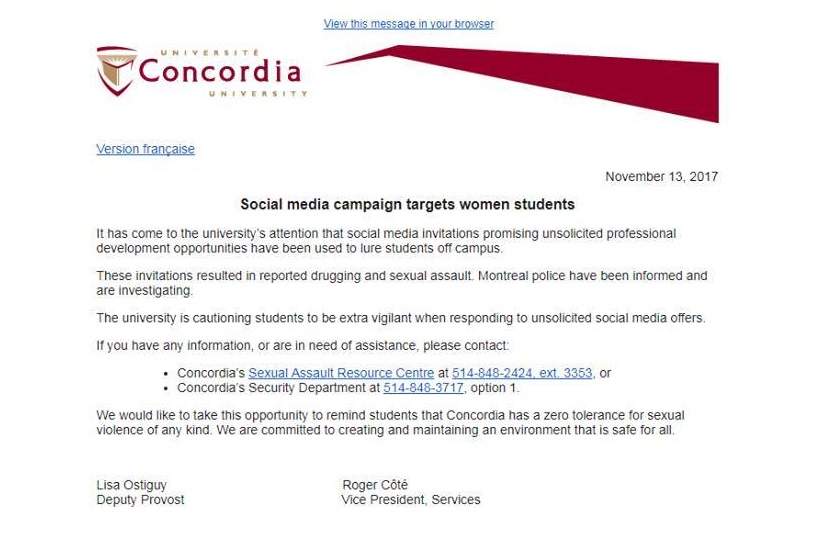 Concordia University sent students a letter warning of sexual predators near the campus, Monday, Nov. 13, 2017.