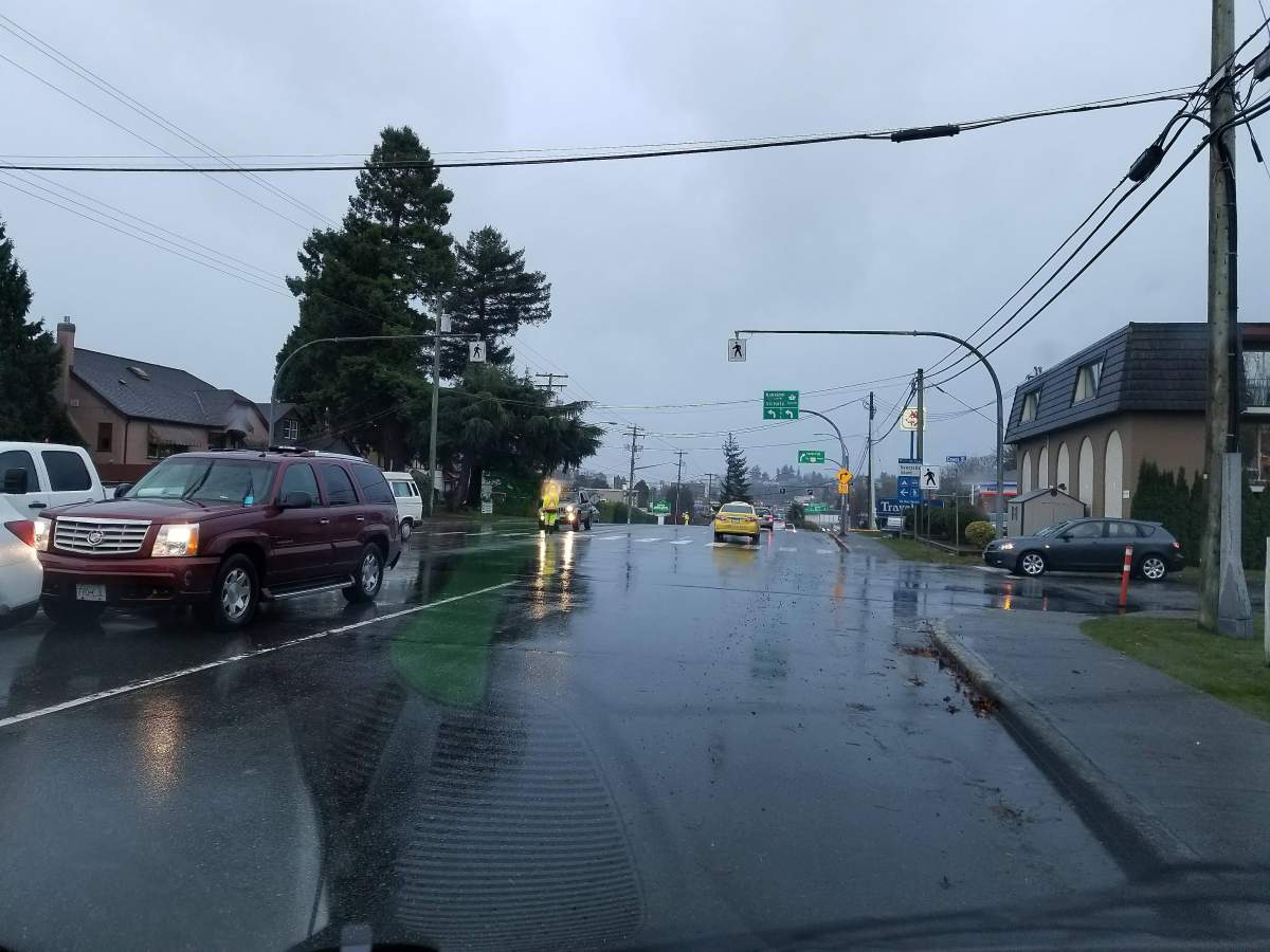 Cars backed up along Stewart Avenue heading toward Highway 19A in Nanaimo on Nov. 13, 2017.