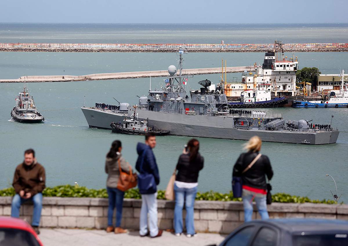 Comandante Espora Argentine ship sails off the naval base in Mar del Plata, Argentina, Saturday, Nov. 18, 2017. This ship is part of a searching crew to find a missing submarine. 