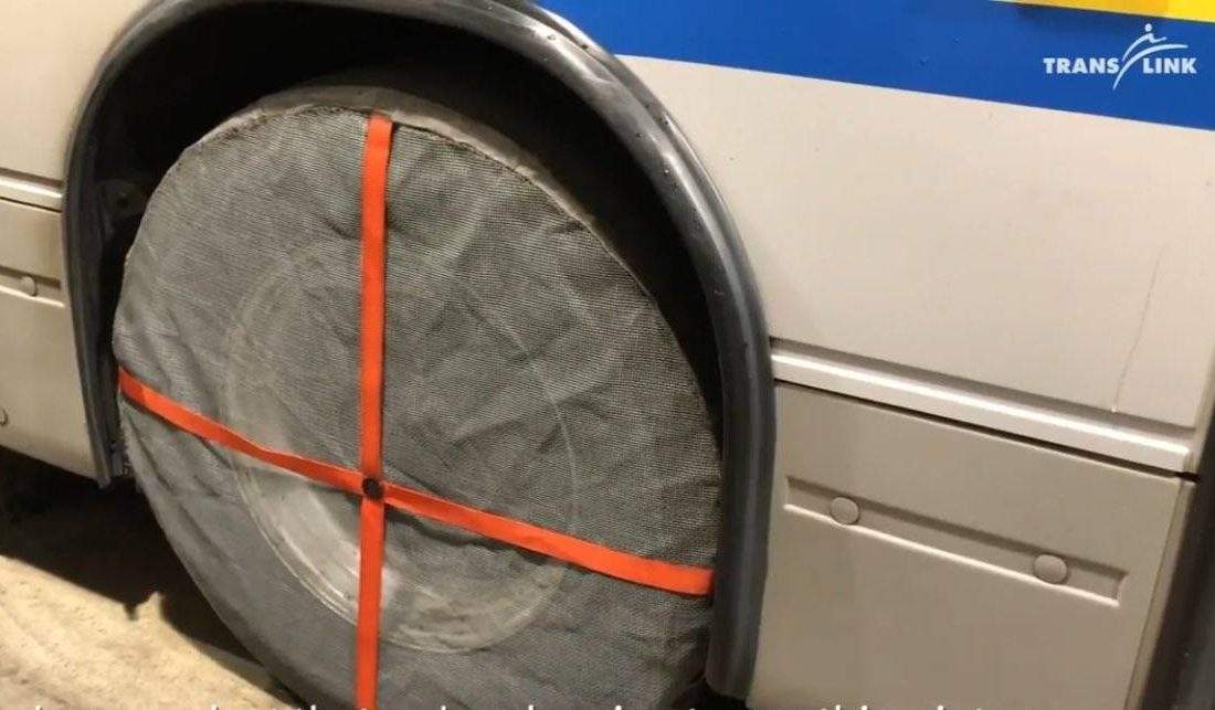TransLink is testing out ‘tire socks’ for buses running to Burnaby Mountain in a bid to cut down on delays during snowfalls.