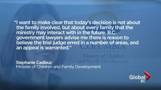Then-minister of children and family development Stephanie Cadieux on the province’s decision to appeal the case to B.C.’s top court.
