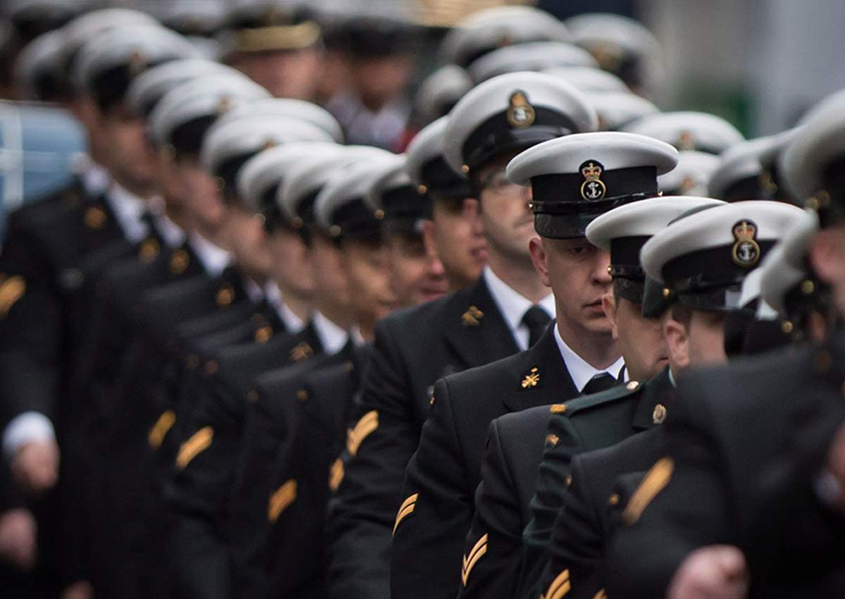 Members of the Canadian Forces march during a Remembrance Day ceremony in Vancouver, B.C., on Saturday, Nov. 11, 2017.