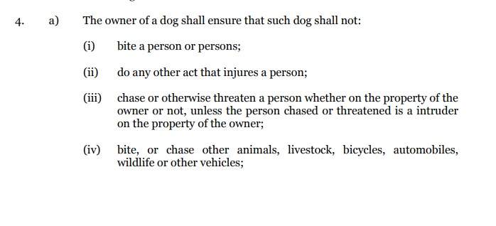 A portion of the City of Lethbridge Dog Control Bylaw.