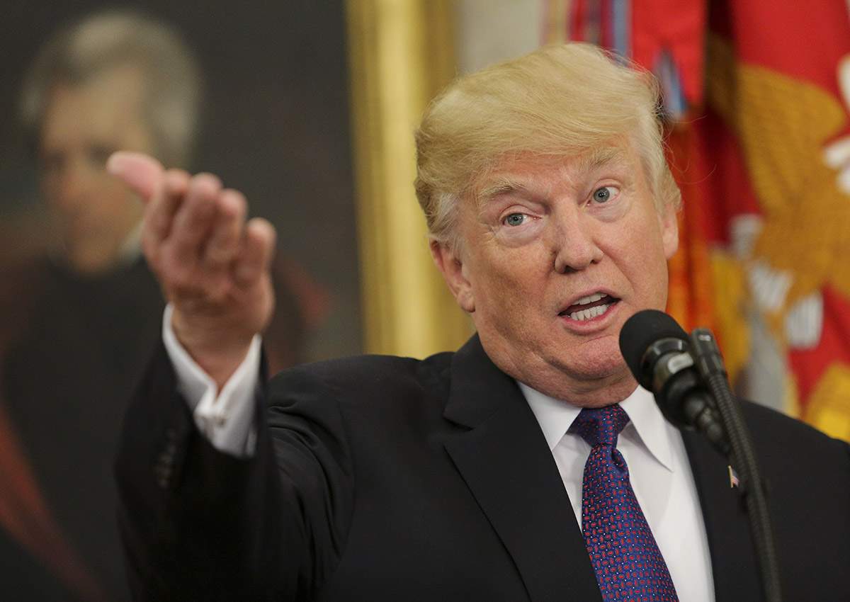 t Donald J. Trump speaks during an event honoring the Native American code talkers in the Oval Office of the White House, in Washington, DC.