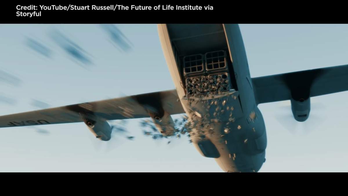 One image from the film shows how a swarm of drones could be deployed against a large target like a city.