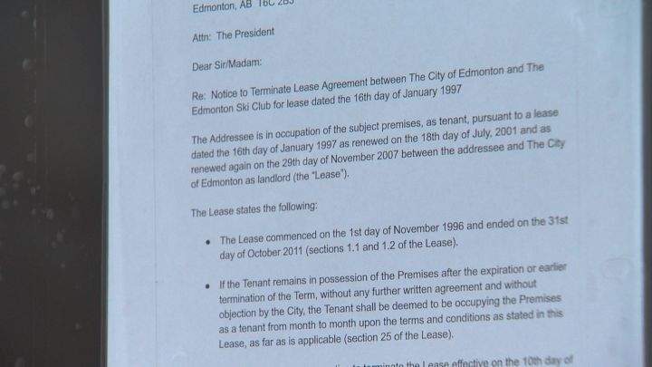 There are questions about the future of the Edmonton Ski Club after a note was seen posted to its clubhouse door on Connors Hill indicating the city is terminating its lease with the club, effective Dec. 10.