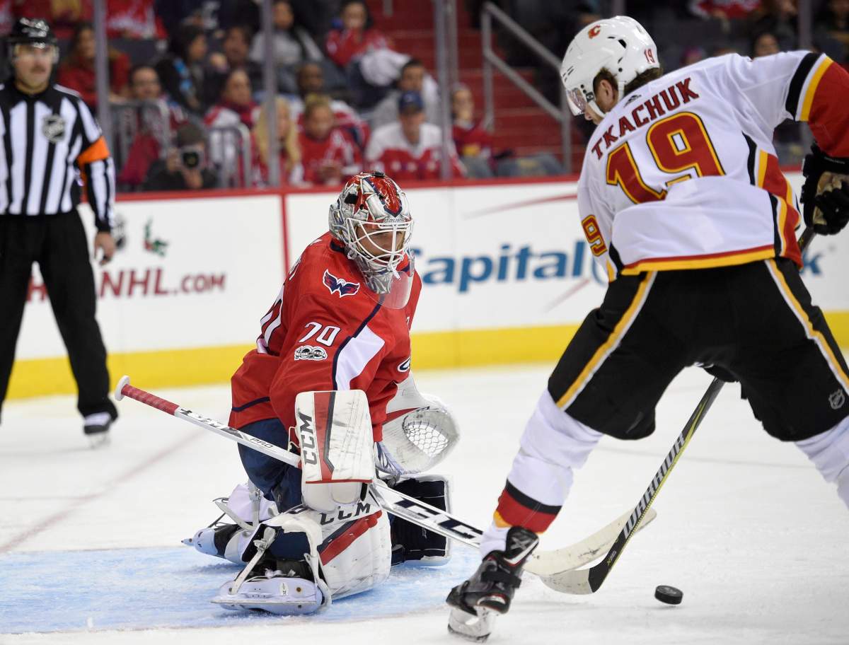 Washington Capitals goalie Braden Holtby (70) watches the puck against Calgary Flames left wing Matthew Tkachuk (19) during the second period of an NHL hockey game, Monday, Nov. 20, 2017, in Washington. (AP Photo/Nick Wass).