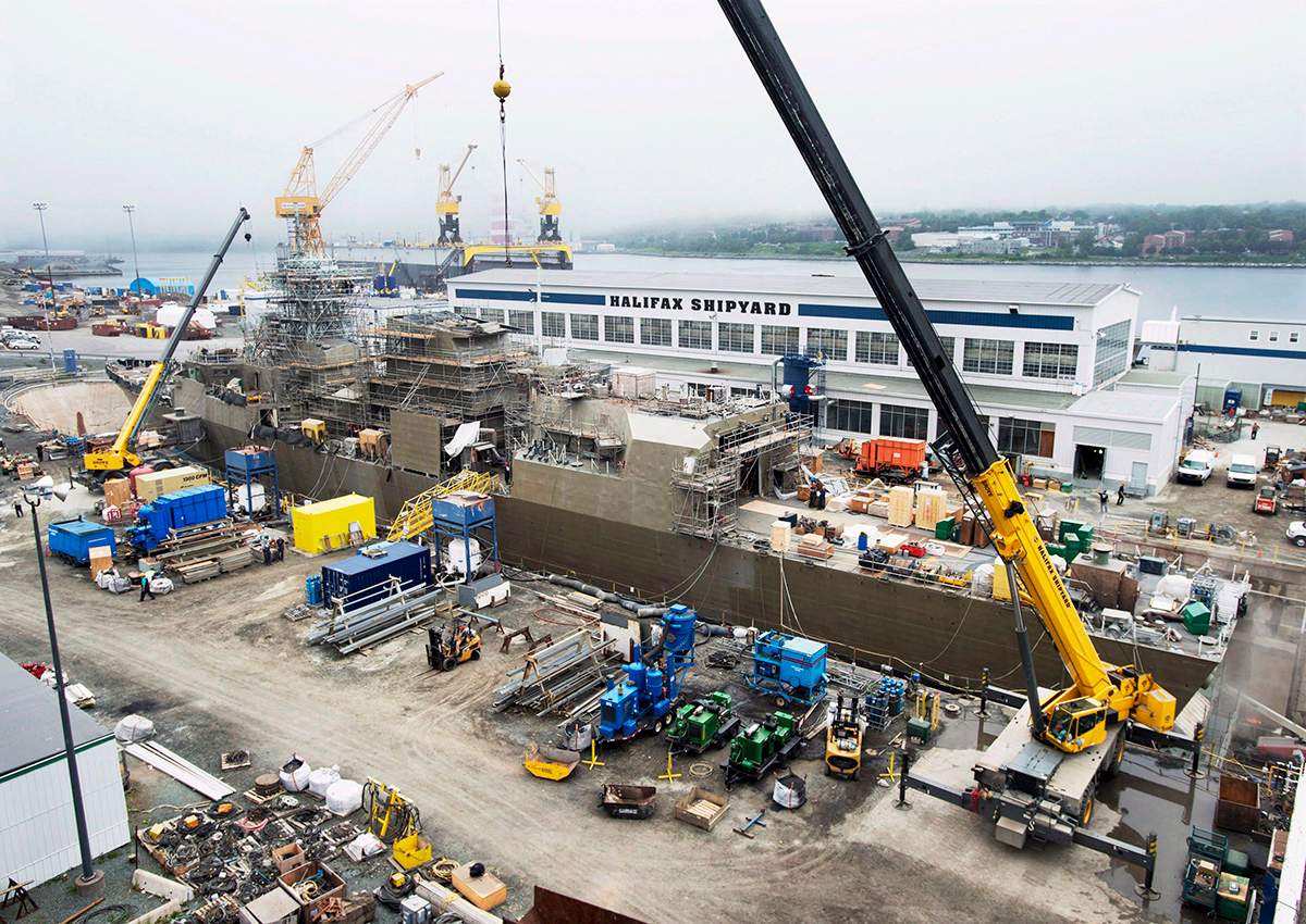 HMCS St. John's, one of Canada's Halifax-class frigates, undergoes a mid-life refit at the Irving Shipbuilding facility in Halifax on Thursday, July 3, 2014. 