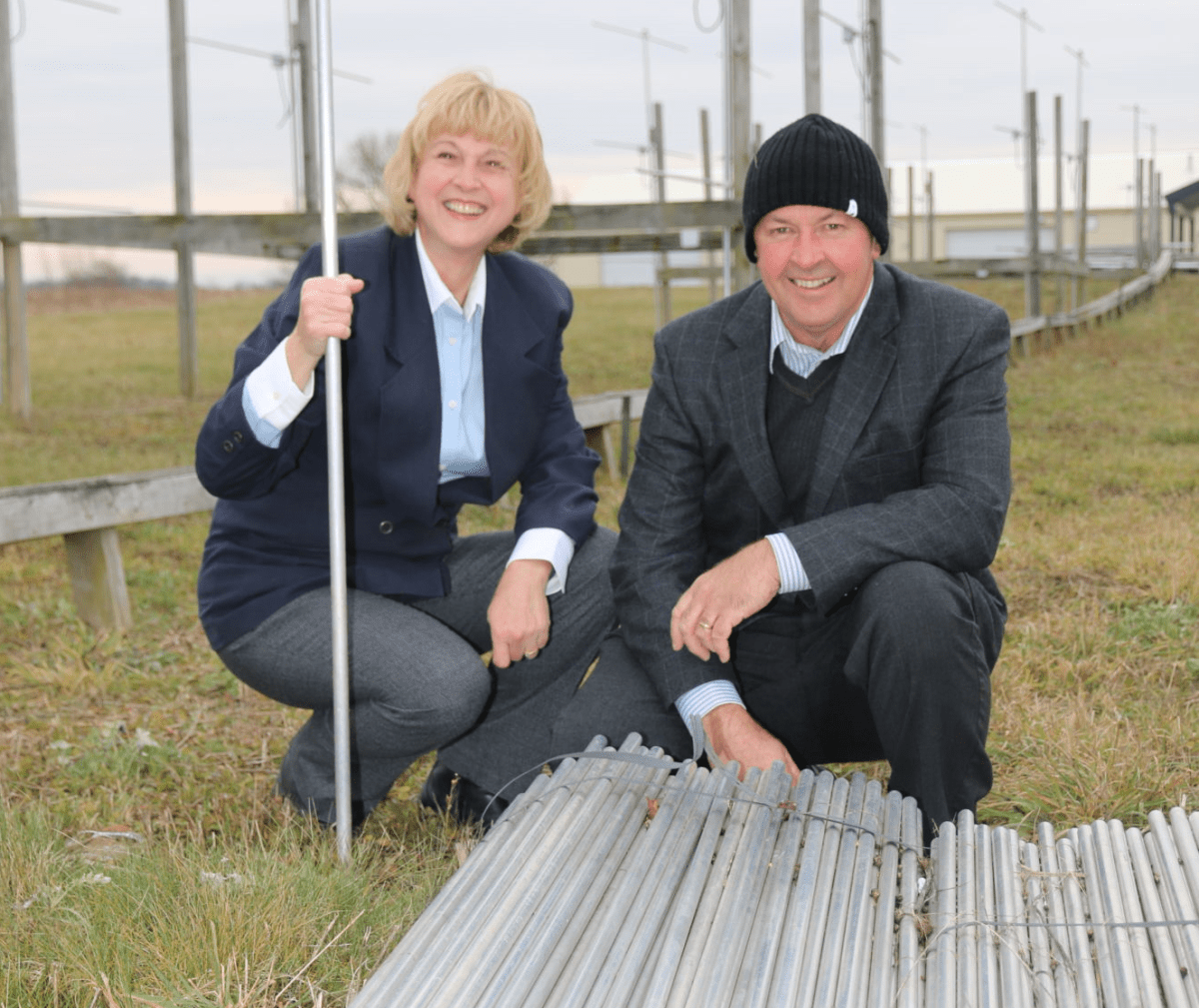 Pictured here with antenna elements at the radar array north of London: researchers Anna Hocking, a Western University alumna and PhD, and Prof. Wayne Hocking, who leads the Atmospheric Dynamics Group based at Western’s Department of Physics and Astronomy.