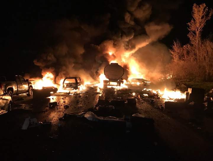 Fire crews respond to a multi-vehicle crash on Hwy. 400 near Bradford, Ont., on Oct. 31, 2017.