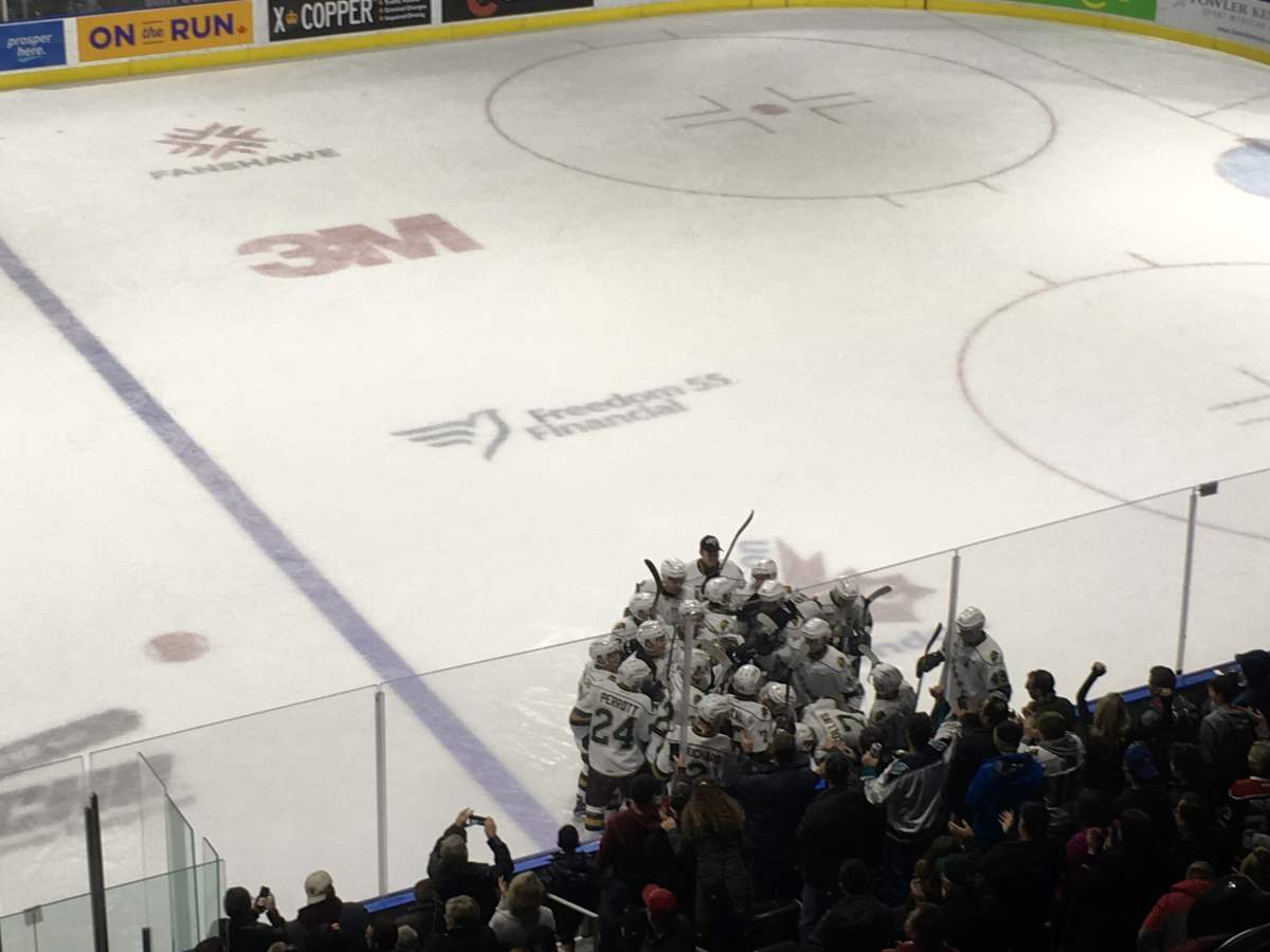 London, Ont. - The London Knights celebrate around Sam Miletic after his overtime winner to give London a 4-3 victory over the Saginaw Spirit.