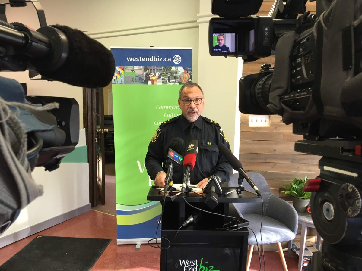 Const. Rob Carver of Winnipeg police and the West End BIZ released a new improved Guide to Safety for the downtown area.