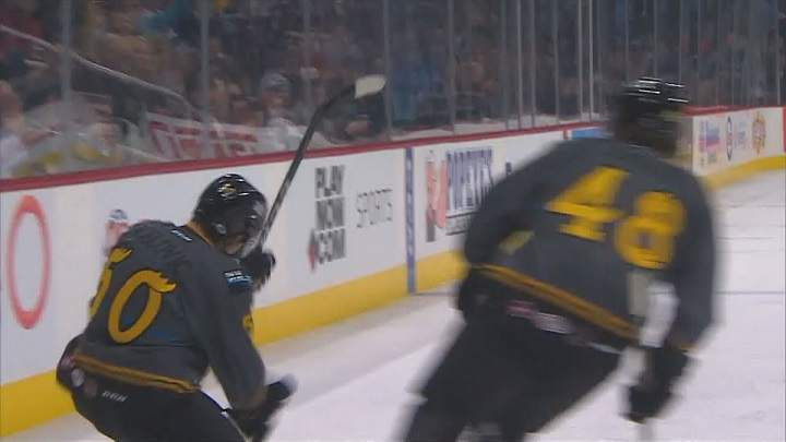 Manitoba Moose forward Jack Roslovic celebrates his second period goal against the Chicago Wolves. 