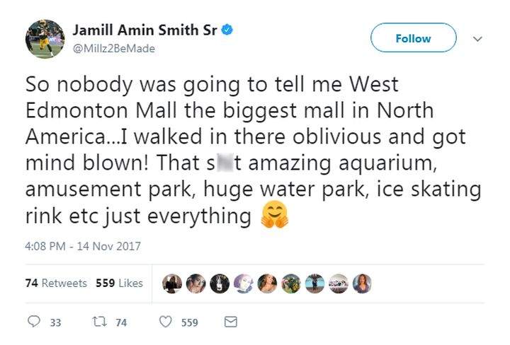Edmonton Eskimos wide receiver Jamill Smith tweeted he was blown away by West Edmonton Mall.