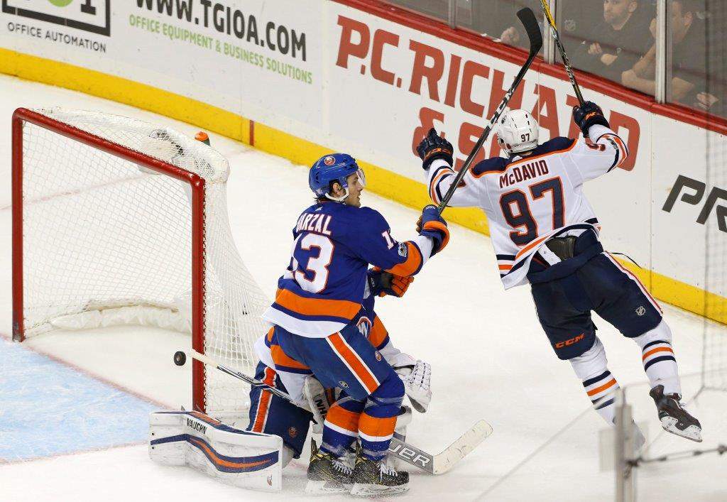 Connor McDavid celebrates his overtime winner against the New York Islanders on November 7, 2017.
