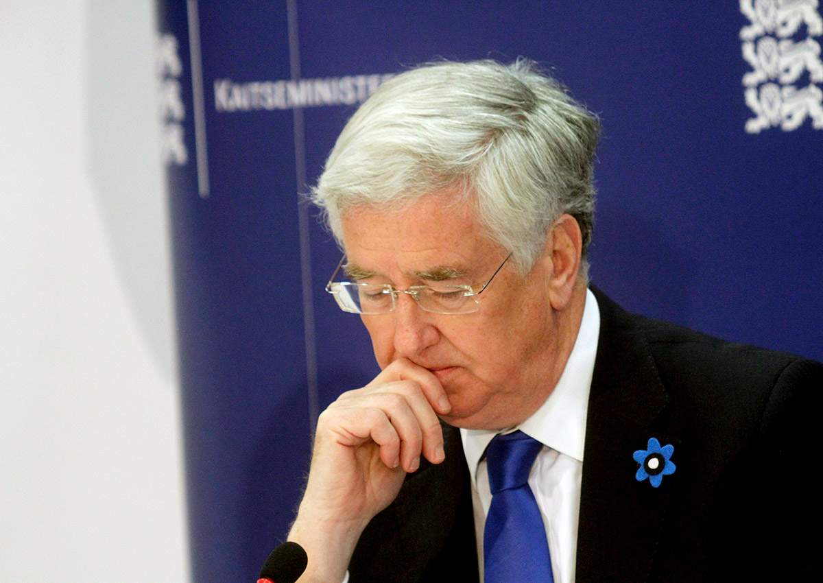 Michael Fallon attends a press conference after a welcoming ceremony of the deployment of a multi-national NATO force battalion in Tapa, Estonia.