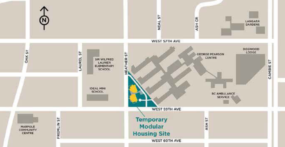 The location of a temporary modular housing project for the homeless in Marpole.