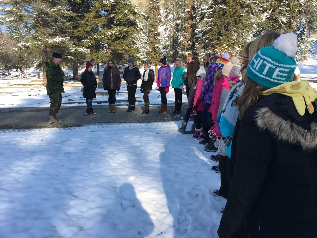 Students from Anne McClymont Elementary School joined members of the British Columbia Dragoons at the Memorial Park Cemetery on Monday.They were taking part in the No Stone Left Alone initiative.WATCH:  No Stone Left Alone remembrance ceremony honours Canada’s fallen military membersThe No Stone Left Alone Memorial Foundation is a non-profit organization working directly with the Canadian Armed Forces, educators and students across the country to honour the military fallen in the Fields of Honour across Canada.  The goal of the foundation is to honour every Canadian veteran, wherever their final resting place may be, by having a student place a poppy by their headstone during the school week leading up to Remembrance Day.This year marks the 7th annual commemoration ceremonies for No Stone Left Alone Memorial Foundation. 