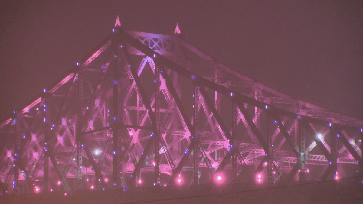 Montreal's Jacques-Cartier Bridge turned pink during the mayoral election, Sunday, November 5, 2017.