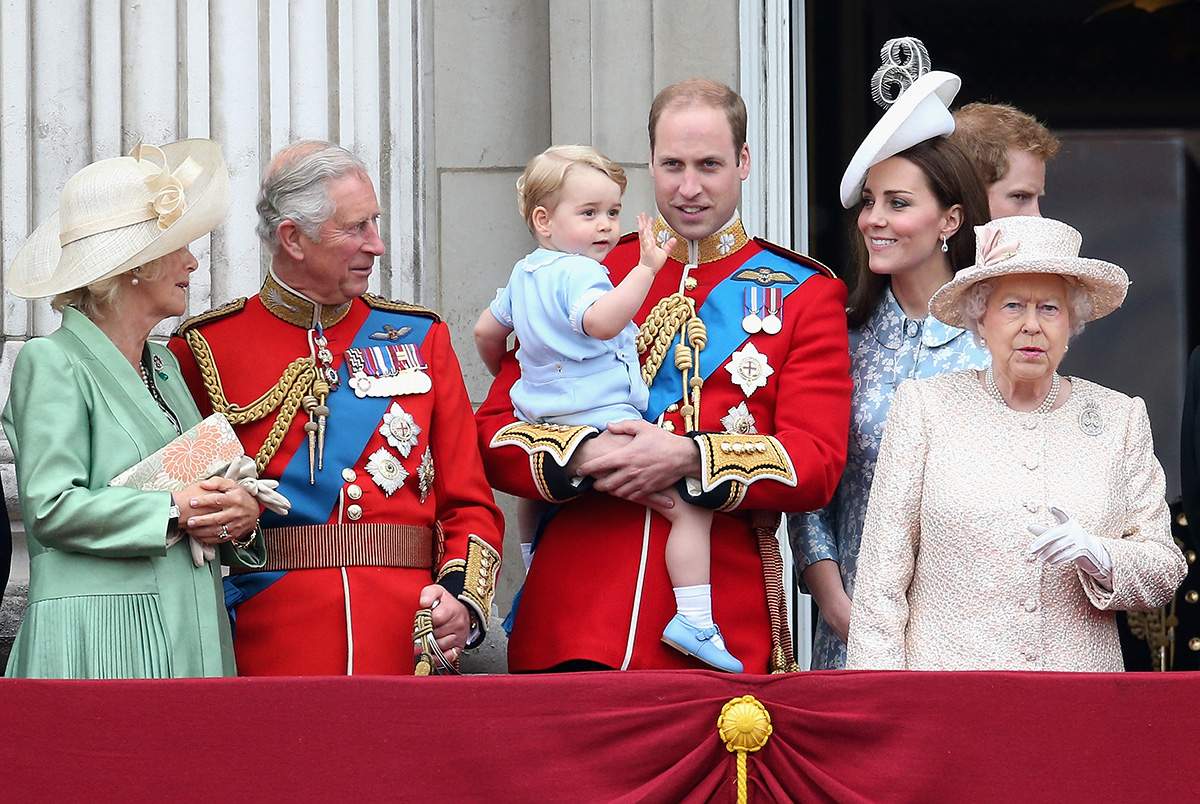 (L-R) Camilla, Duchess of Cornwall, Prince Charles, Prince of Wales, Prince George of Cambridge,Prince William, Duke of Cambridge, Catherine, Duchess of Cambridge, Queen Elizabeth II, Prince Harry look out on the balcony of Buckingham Palace during the Trooping the Colour on June 13, 2015 in London, England.