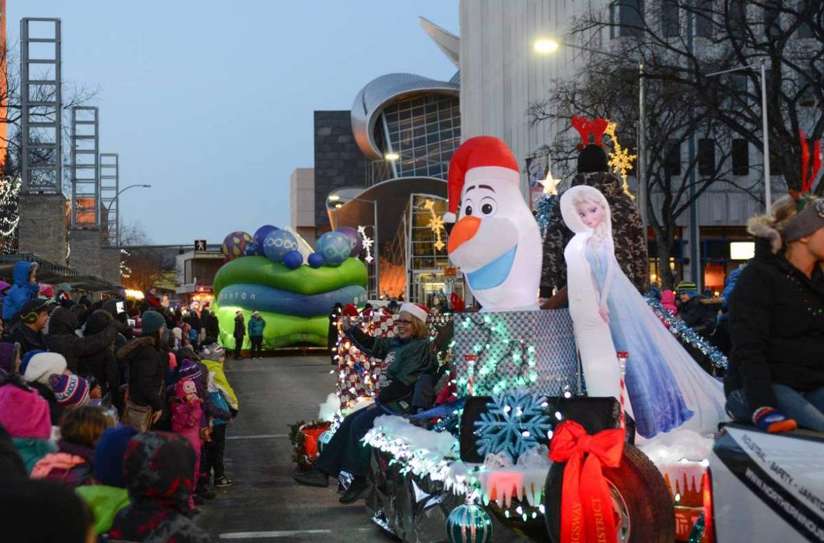 A float travels through downtown Edmonton in the 2016 Santa's Parade of Lights. 