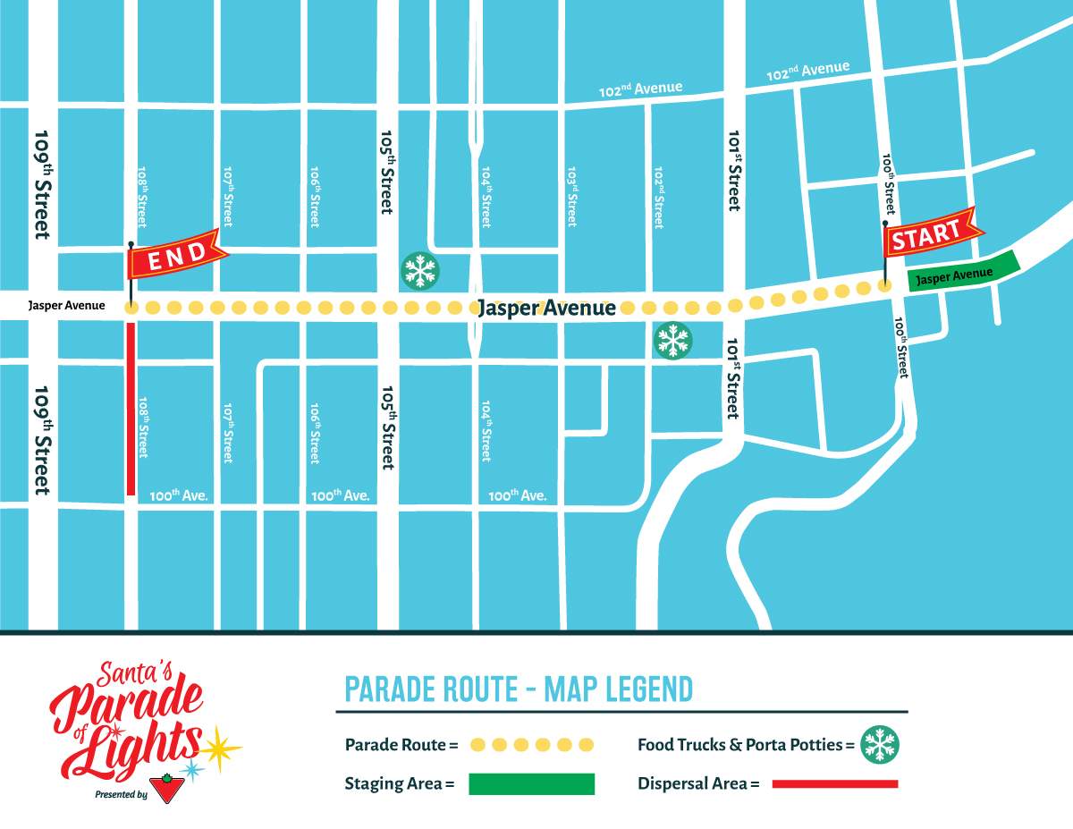 The parade route for the 2017 Santa’s Parade of Lights through downtown Edmonton.