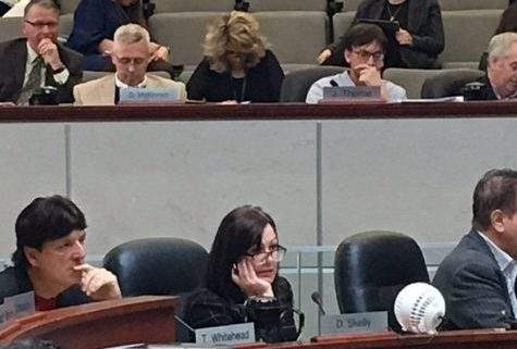 Ward 7 Councillor Donna Skelly questions a Metrolinx representative  for specifics on when all day GO Train service will begin into Hamilton.