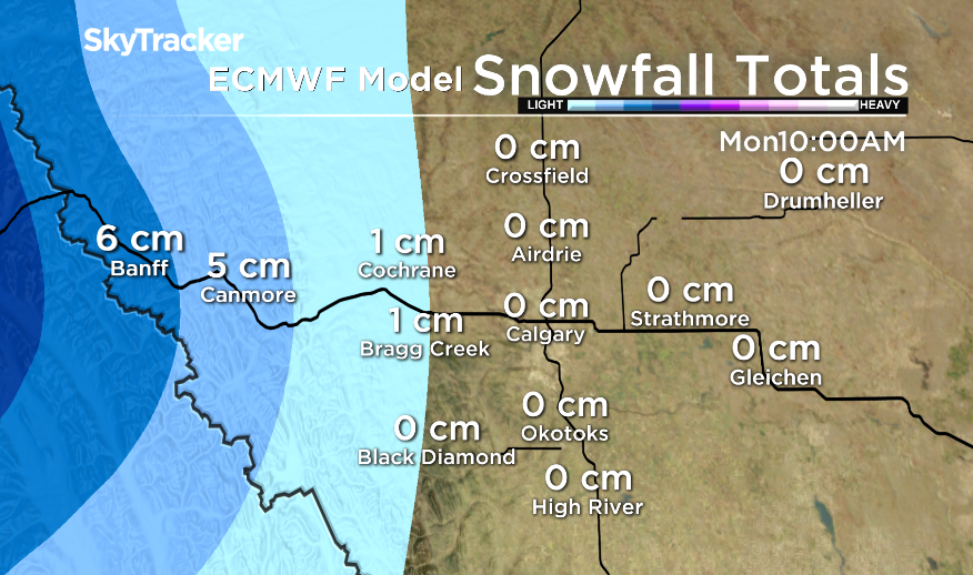 Snowfall amounts expected by Monday morning in Banff and Canmore. Nov. 26, 2017. (Global News)