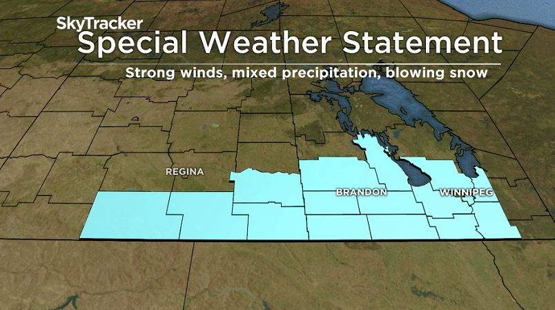 Special weather statement issued for combination of strong winds, mixed precipitation and blowing snow which will limit visibility on the roads.