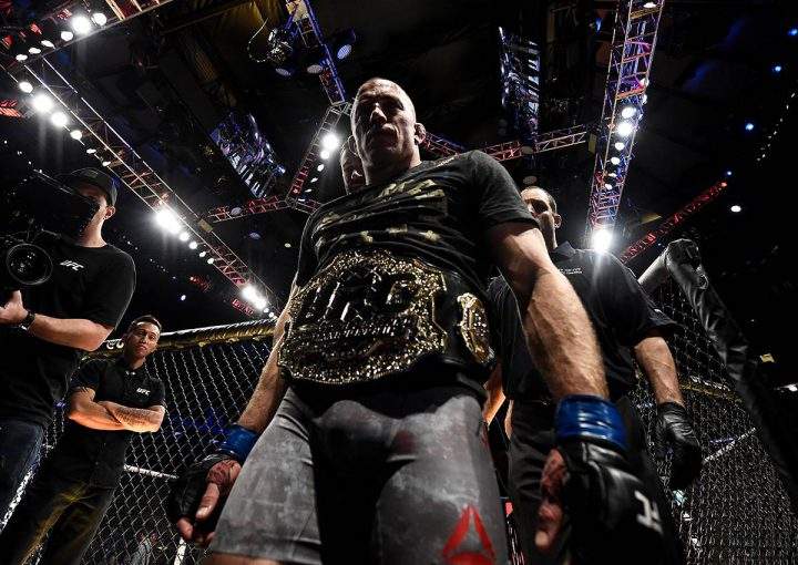 Georges St-Pierre of Canada celebrates his submission victory over Michael Bisping of England in their UFC middleweight championship bout during the UFC 217 event inside Madison Square Garden on November 4, 2017 in New York City.