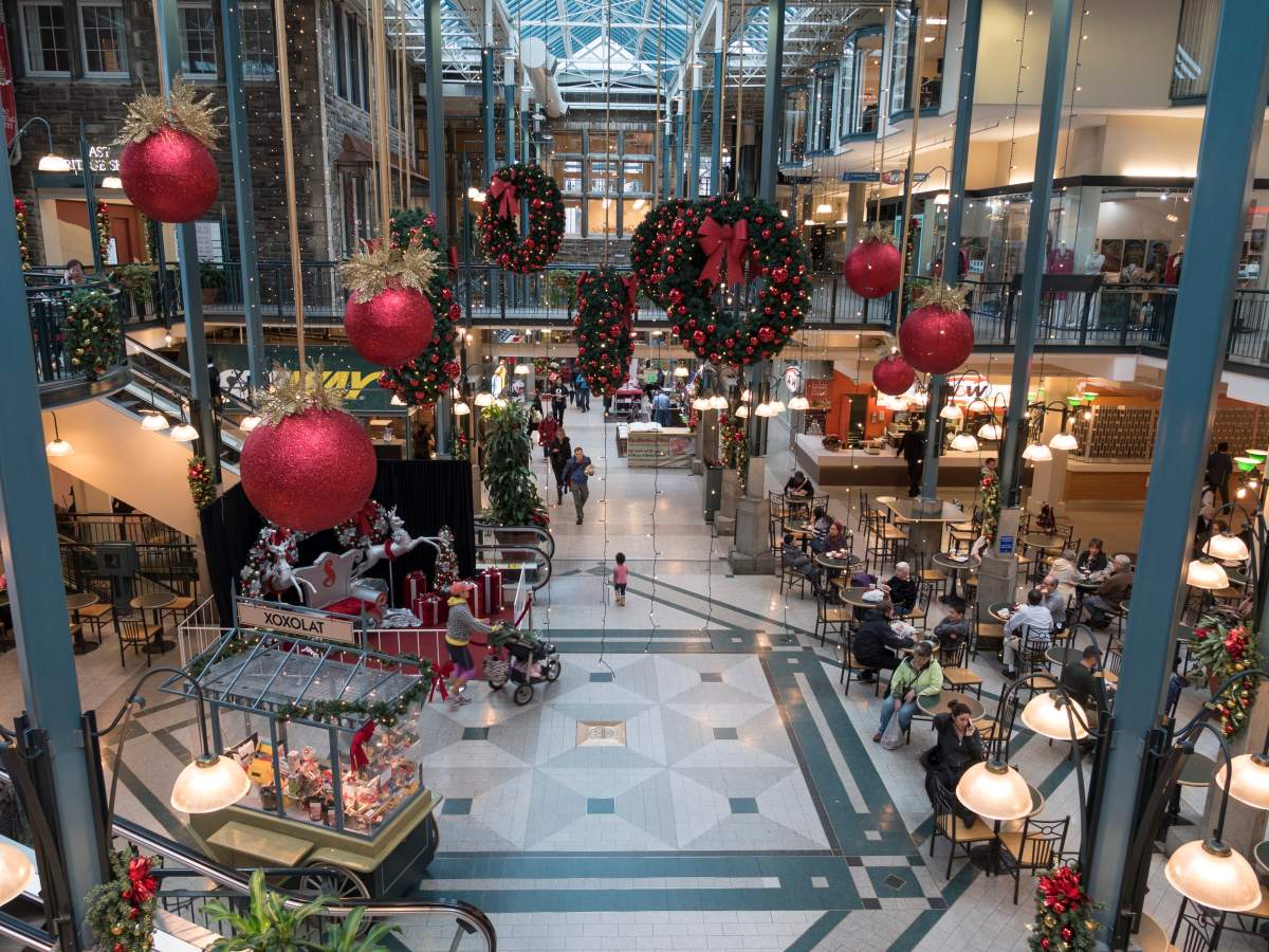 Christmas decorations welcome last-minute shoppers to City Square Shopping Centre, Vancouver, B.C., Dec. 17, 2014.