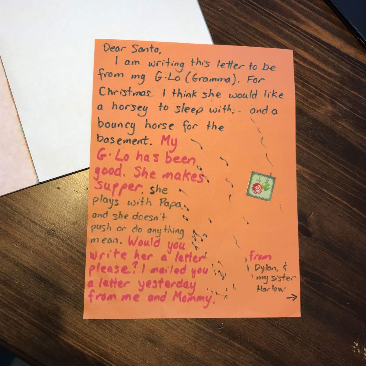 Our letters to Papa and G-Lo – aka Grandpa and Gramma.