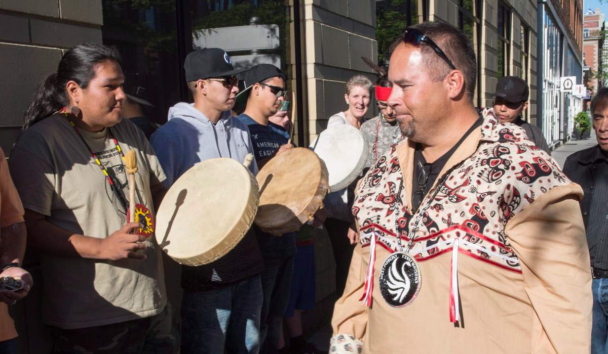Chief Roland Willson is drummed into Federal Court of Appeal as it hears the latest legal challenge to the Site C hydroelectric dam under construction in British Columbia Monday, September 12, 2016 in Montreal.