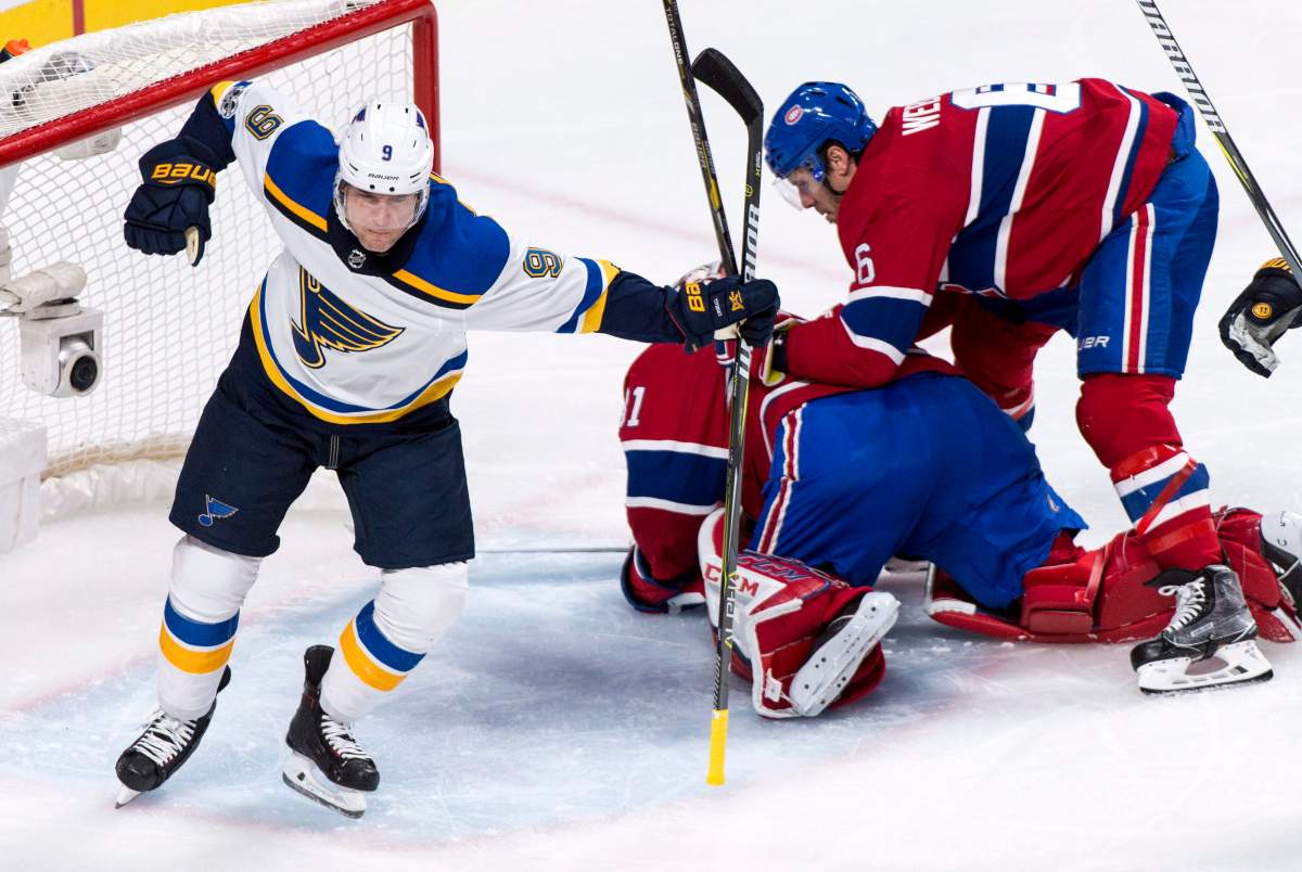 Scottie Upshall celebrates his goal past Montreal Canadiens goalie Carey Price as defenceman Shea Weber looks on. December 5, 2017.