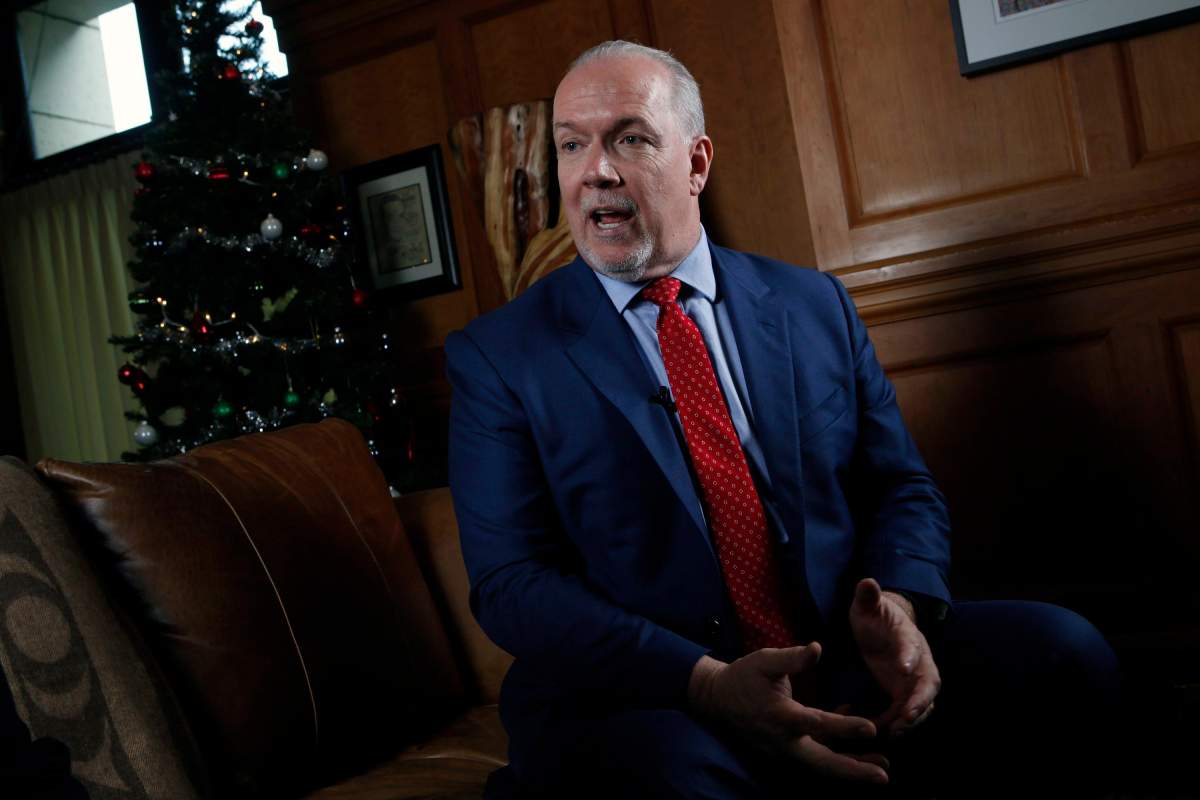 Premier John Horgan answers questions during a year-end interview at his office at Legislature in Victoria, B.C., on Tuesday, Dec. 12, 2017.