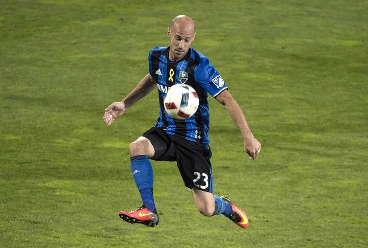 Montreal Impact defender Laurent Ciman chests the ball as they face the Orlando City FC during second half MLS action Wednesday, September 7, 2016 in Montreal. The Montreal Impact shook up their backline Tuesday, trading star defender Laurent Ciman to expansion Los Angeles FC for Canadian wingback Raheem Edwards and Finnish defender Jukka Raitala. 