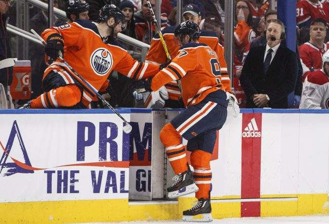 Edmonton Oilers' Connor McDavid (97) skates off the ice after taking a shot to the foot against Montreal Canadiens during third period NHL action in Edmonton, Alta., on Saturday, December 23, 2017. 