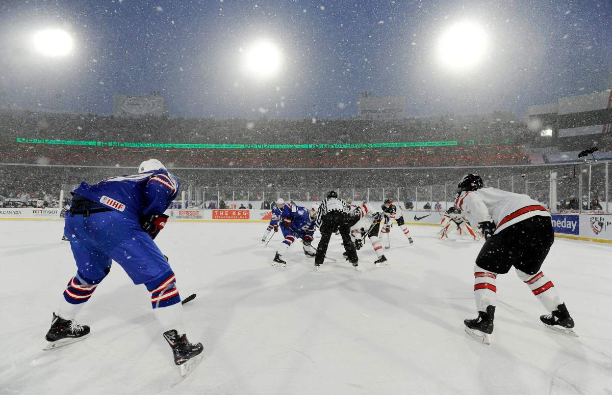 Players from the Canadian and the U.S. teams line up for a faceoff during the second period of a preliminary-round hockey game at the IIHF World Junior Championship in Buffalo, N.Y., on Dec. 29, 2017.