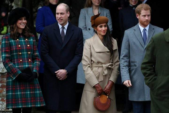 Britain\’s Prince William, Catherine, Duchess of Cambridge, Prince Harry and Meghan Markle arrive for Christmas service on Dec. 25, 2017.