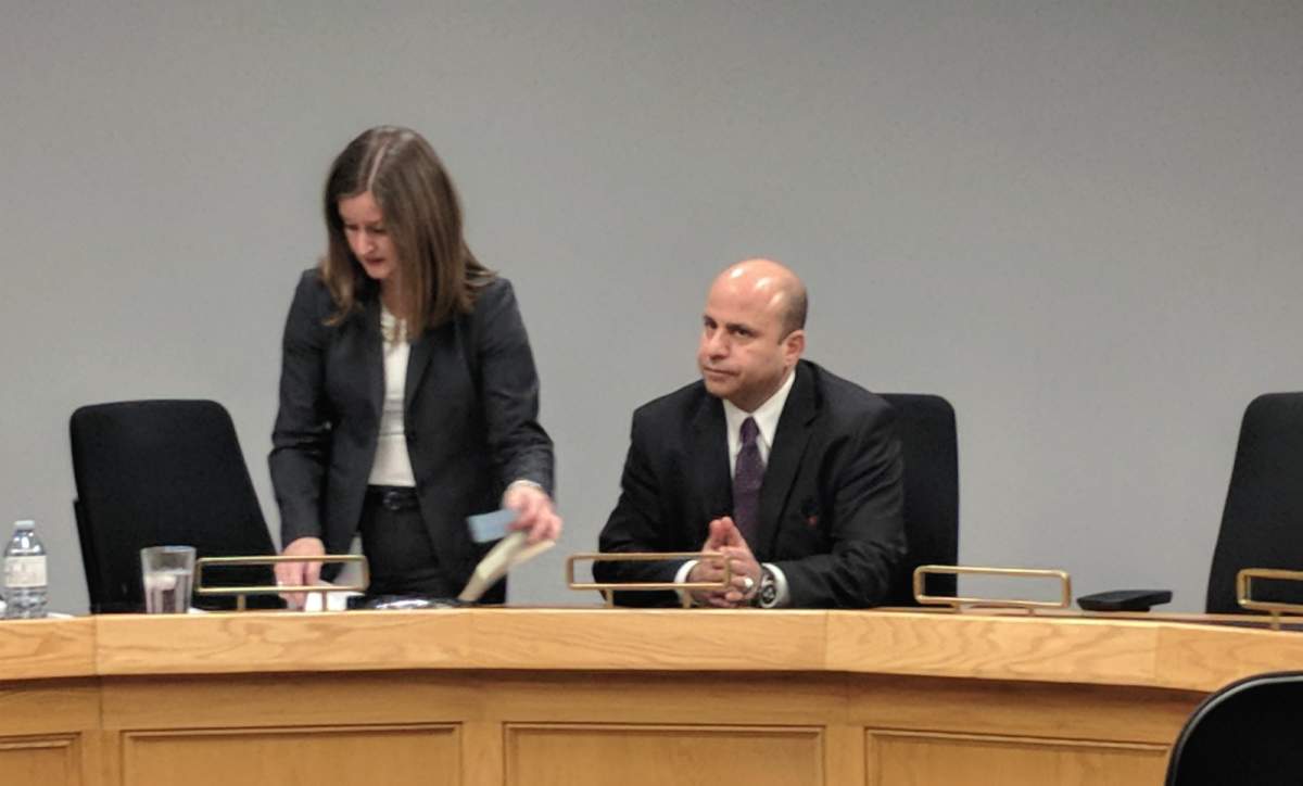 Michael Deeb, right, during a London Police Services Board meeting, Dec. 21, 2017.