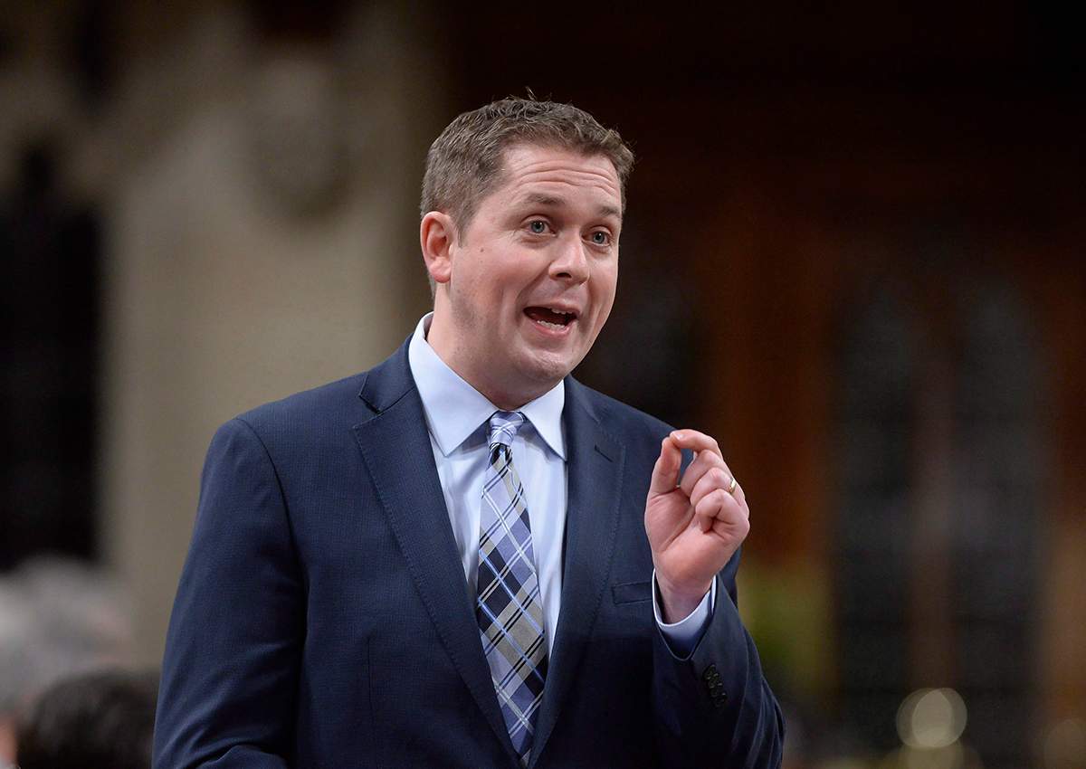 Conservative Leader Andrew Scheer rises during question period in the House of Commons in Ottawa on Monday, Dec. 11, 2017.