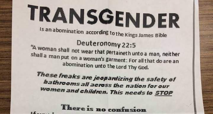 The flyers describe transgender people as "an abomination.".