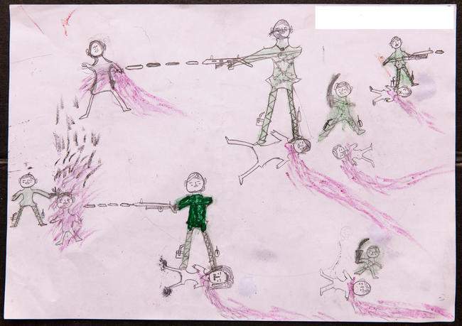 On Oct. 2, 2017, a drawing by a Rohingya boy, Abdul, revealing the horrific experiences he endured while fleeing from Myanmar to Bangladesh, at the children friendly space at the Balukhali makeshift refugee camp in Cox’s Bazar district in Bangladesh.