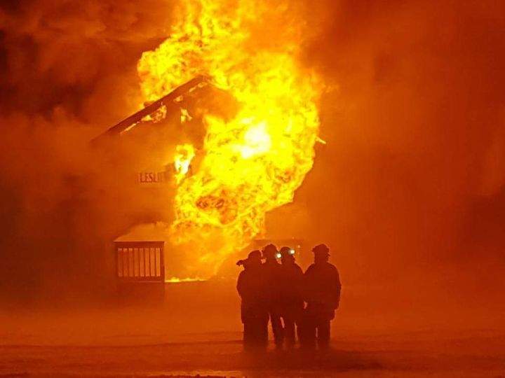 The Elks Lodge in Leslieville, Alta. was destroyed by fire Friday, Dec. 29, 2017.