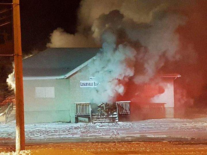 The Elks Lodge in Leslieville, Alta. was destroyed by fire Friday, Dec. 29, 2017.