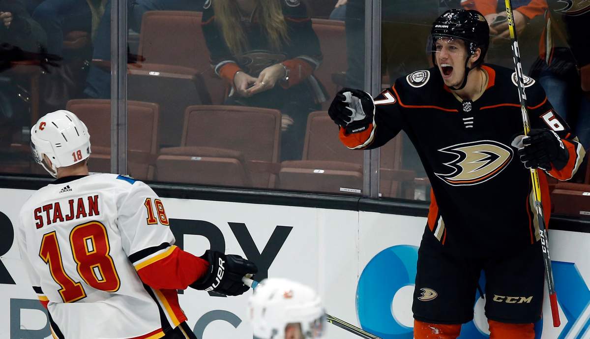 Anaheim Ducks center Rickard Rakell, right, of Sweden, reacts after scoring as Calgary Flames center Matt Stajan skates away during the third period of an NHL hockey game in Anaheim, Calif., Friday, Dec. 29, 2017. The Ducks won 2-1. (AP Photo/Alex Gallardo).