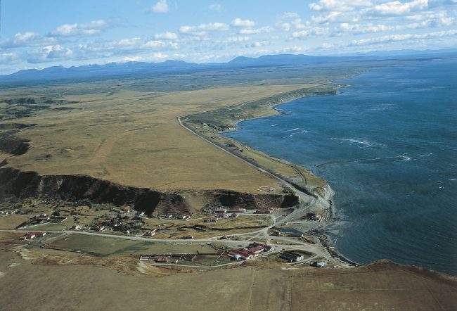 Aerial view of the Strait of Magellan near Tierra del Fuego, Chile.

