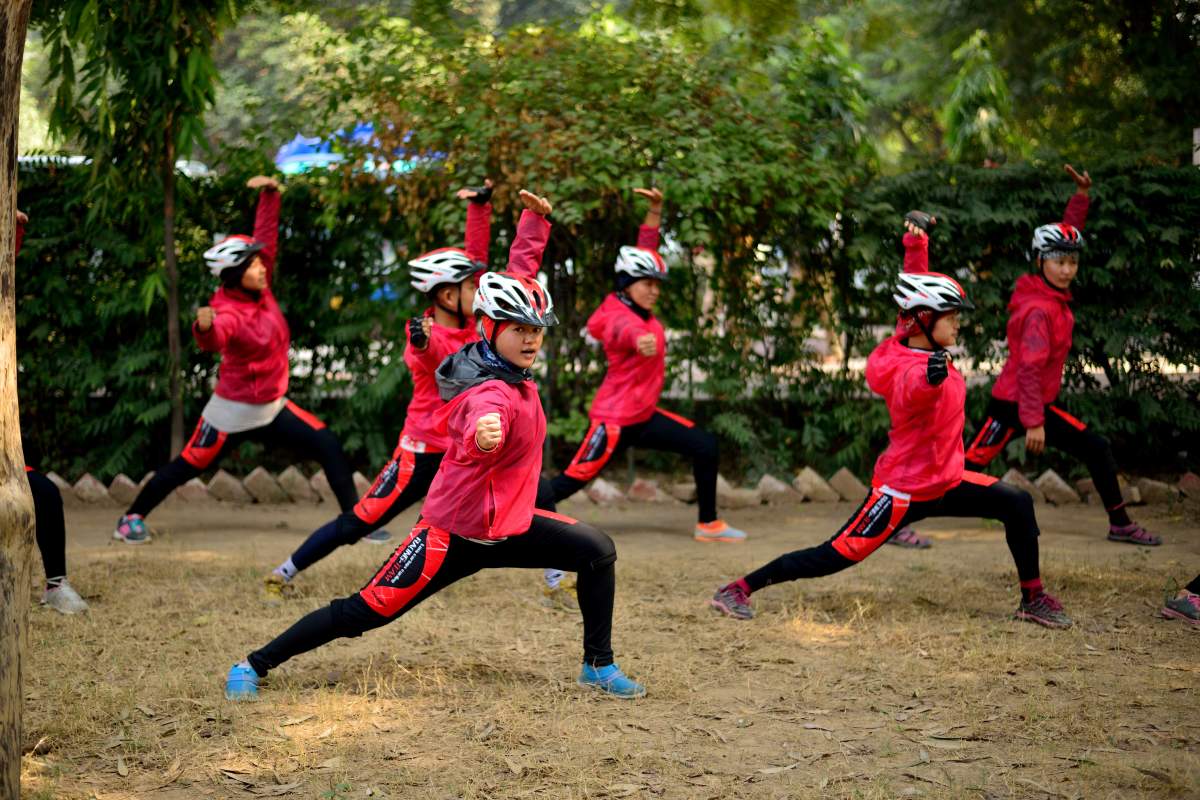 Kung Fu nuns performing their training on Jan. 4, 2016 in New Delhi, India.  (Photo by Pradeep Gaur /Mint via Getty Images)