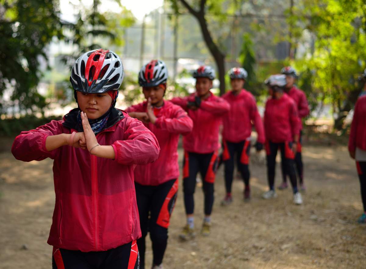 Kung Fu nuns all set for their cycle tour from Kathmandu to New Delhi with a message of women empowerment and to raise awareness on environment protection on Jan. 4, 2016 in New Delhi, India. (Photo by Pradeep Gaur /Mint via Getty Images)